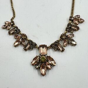 J Crew Pink And Gray Rhinestone Necklace Gold Tone Statement Runway Hollywood
